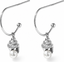 Silver hook earrings with a pearl drop and articulated stone-set connector