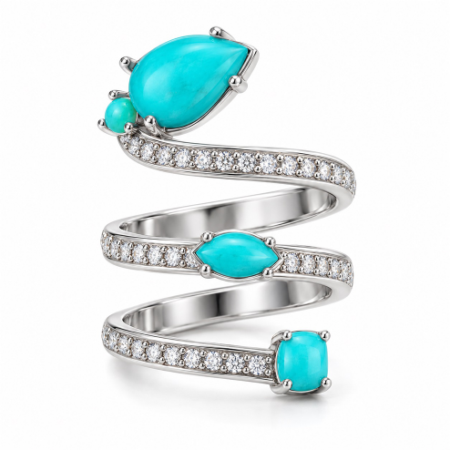 Silver spiral wrap ring set with turquoise stones viewed from the front
