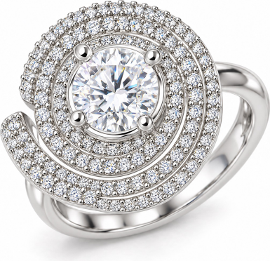 CAD style rendering of a ring with a double halo of pav&eacute; set stones