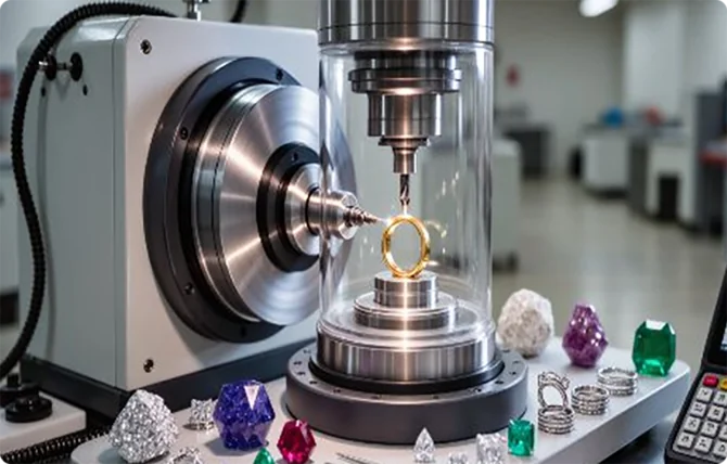 CNC jewelry machine working on gold ring