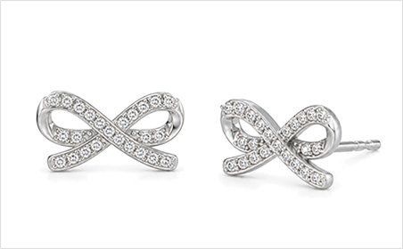 White rhodium plated infinity-shape stud earrings with pavé stones