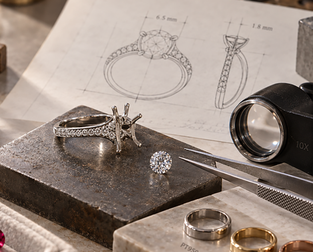 Ring mount, loose stones and design sketches reviewed with a jeweler's loupe