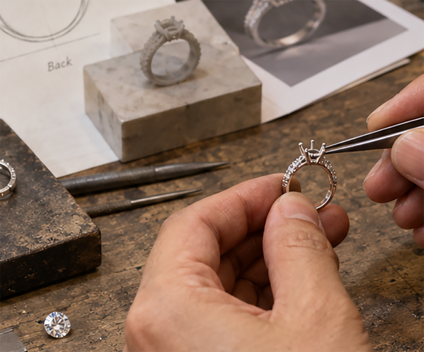Jeweler adjusting a ring setting at the workbench