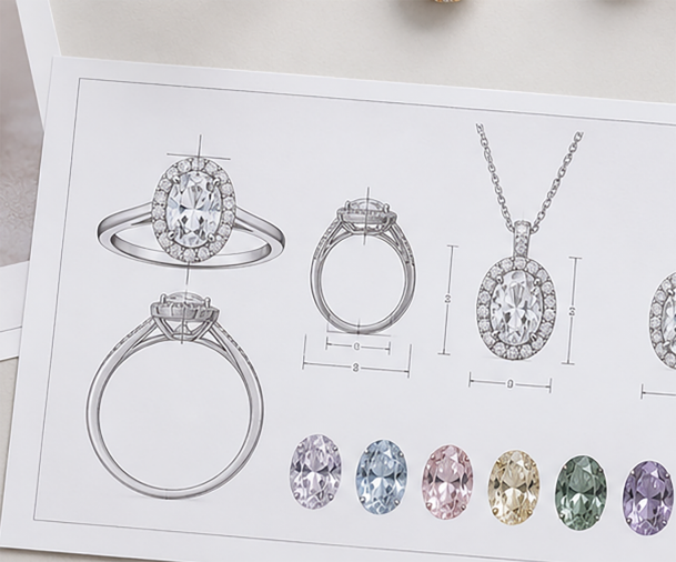 Technical jewelry drawings with dimension marks and colored gemstone options