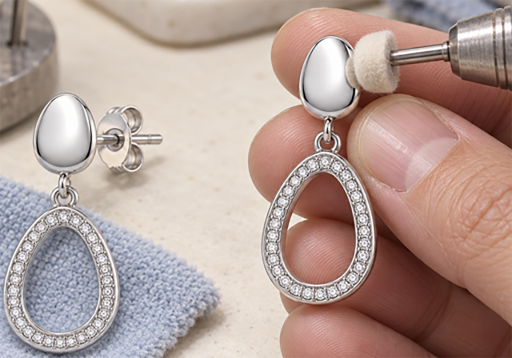 Pear-shaped drop earrings with pavé settings being finished