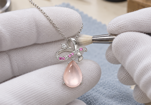 Pendant held with tweezers while the chain is inspected