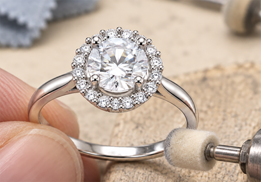 Ring with halo setting being polished at the workbench
