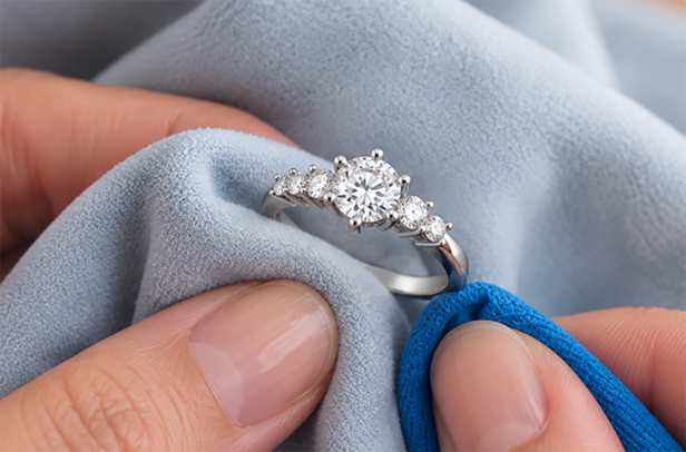Ring being hand-polished with a cloth and blue polishing string