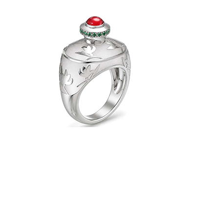 Designer silver ring with engraved floral details and red gemstone