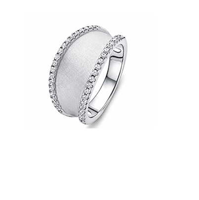 Silver ring with textured center band and pavé edges