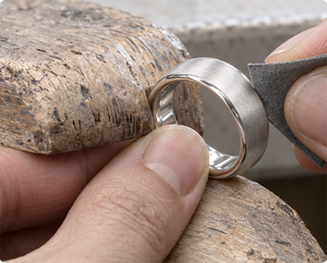 Craftsman filing a ring on the workbench to develop the sample finish