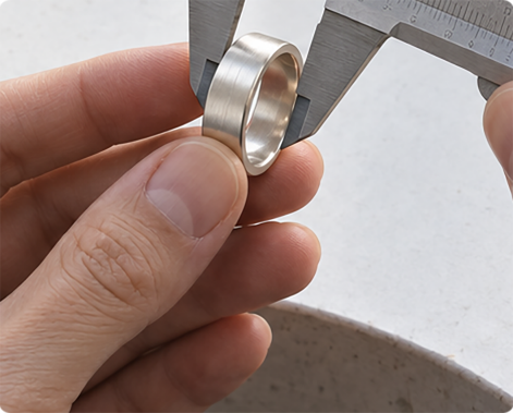 Craftsman measuring a ring with a caliper