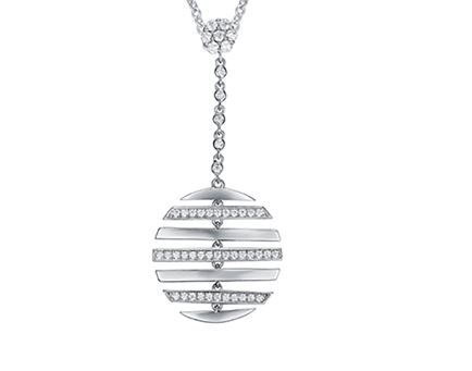 Layered ball pendant with horizontal pavé bands on a fine chain