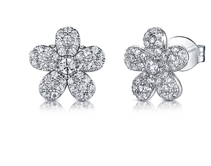 Pair of flower shaped cubic zirconia stud earrings with pavé petals