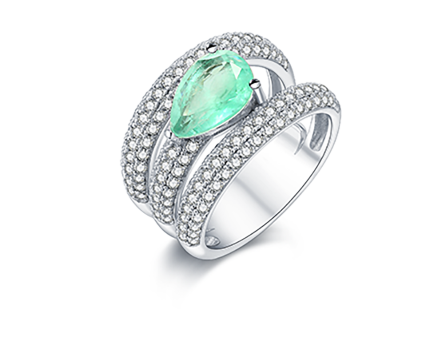 Ring with a pear cut green cubic zirconia center stone in a pavé split shank
