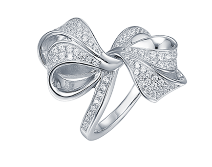 Pavé bow ring with ribbon loops set with cubic zirconia stones