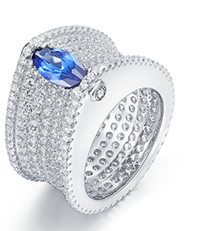 Pavé ring with a blue center stone held in a four-prong setting
