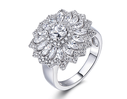Ornate vintage style ring with a floral cluster of cubic zirconia stones