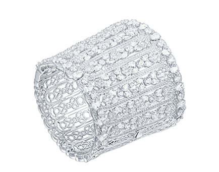 Wide pavé band ring densely set with brilliant cut cubic zirconia stones
