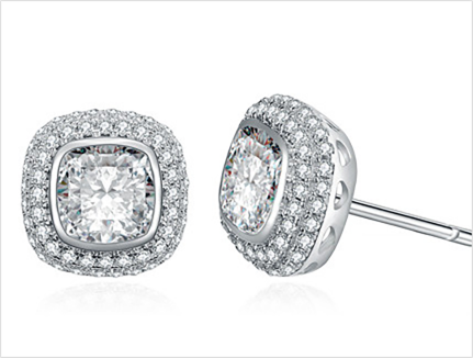 Square halo cubic zirconia stud earrings with a double pavé border