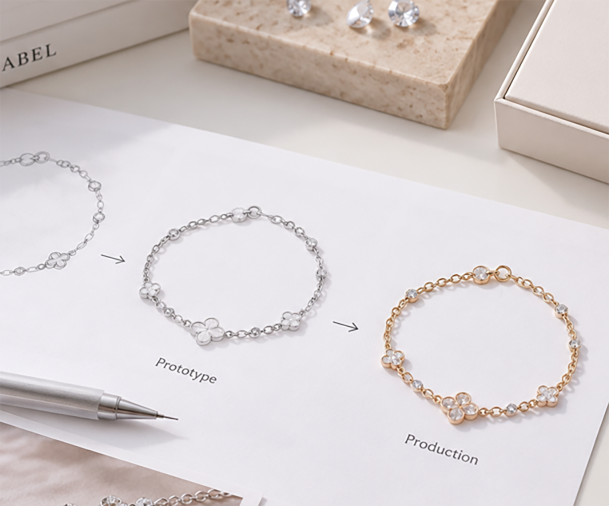Bracelet development sheet showing sketch, prototype and production samples