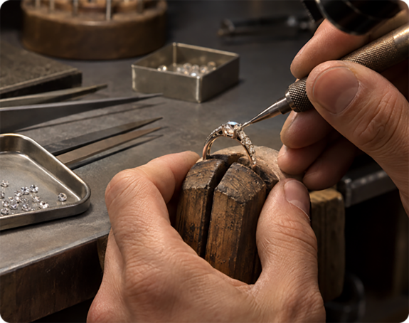 Craftsman setting stones into a bracelet component with a graver