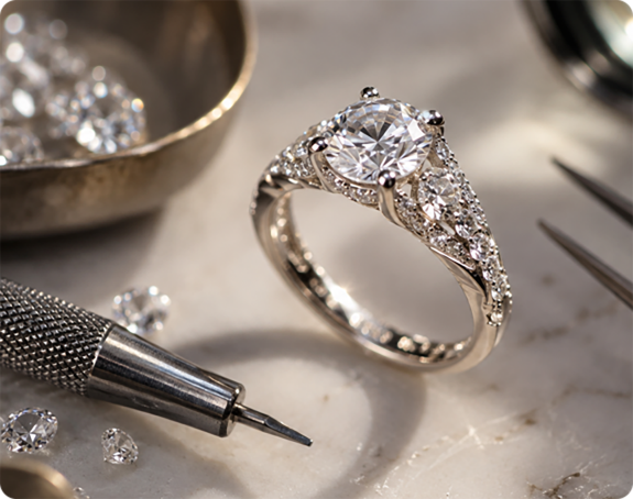 Finished ring and bracelet components inspected at the stone-setting bench