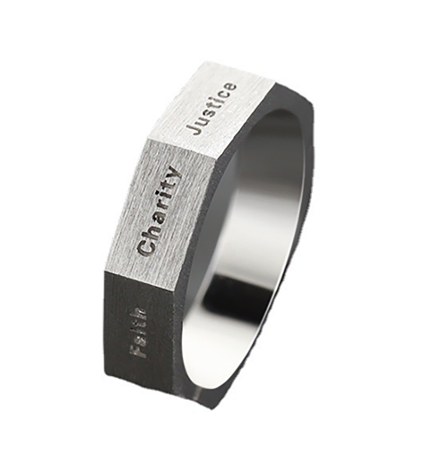 Men's signet ring engraved with Justice and Charity lettering
