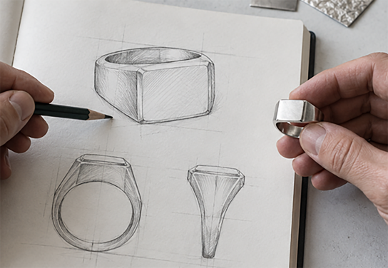 Hand-drawn ring sketches reviewed beside a finished signet sample