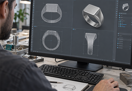 CAD workstation showing a men's ring model from multiple angles