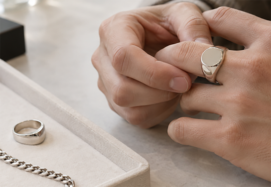 Client checking a men's ring sample against a chain at a review table