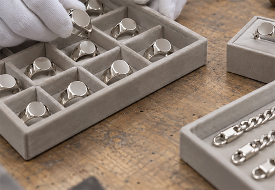 Finished men's rings arranged in trays for final production packing