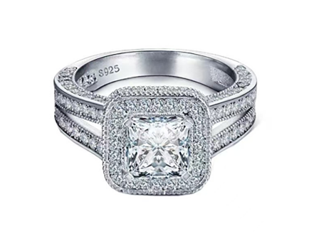 Wide square halo moissanite ring
