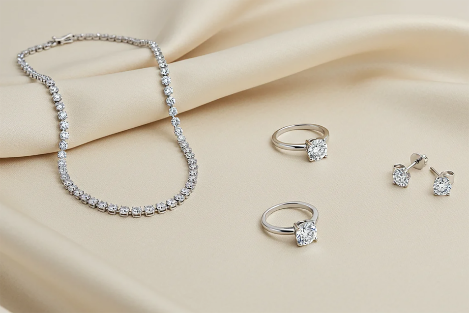Lab grown diamond tennis necklace, engagement rings and stud earrings on silk