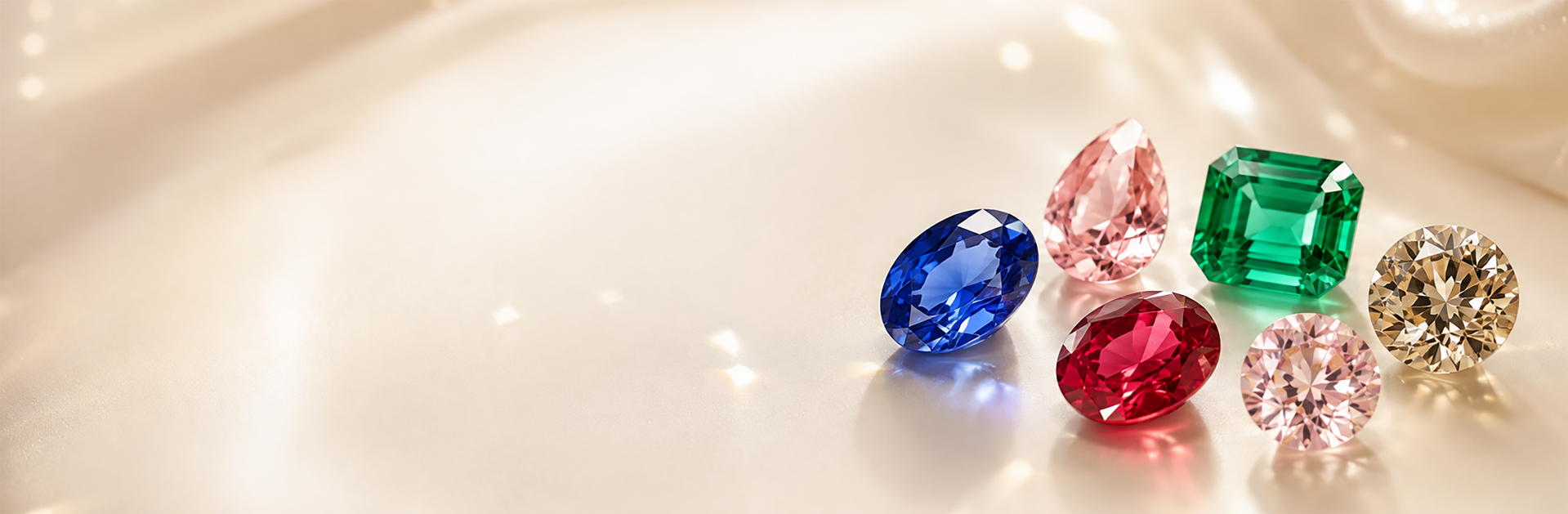 Colorful lab grown gemstones including sapphire, ruby, emerald and fancy color stones on champagne silk