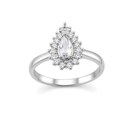 Lab grown gemstone pear halo engagement ring in silver