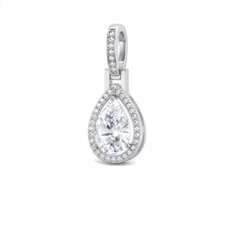 Pear shaped halo pendant in polished white metal