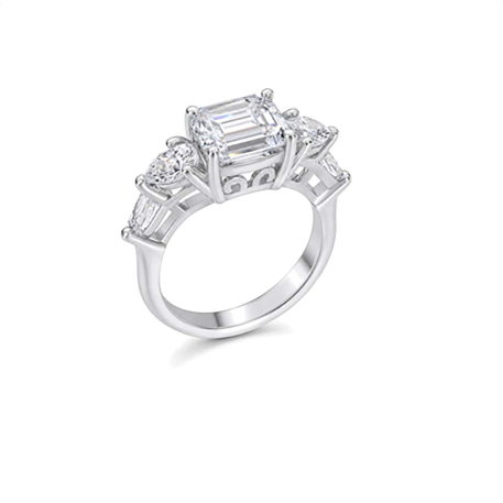 Emerald cut three stone ring in polished white metal
