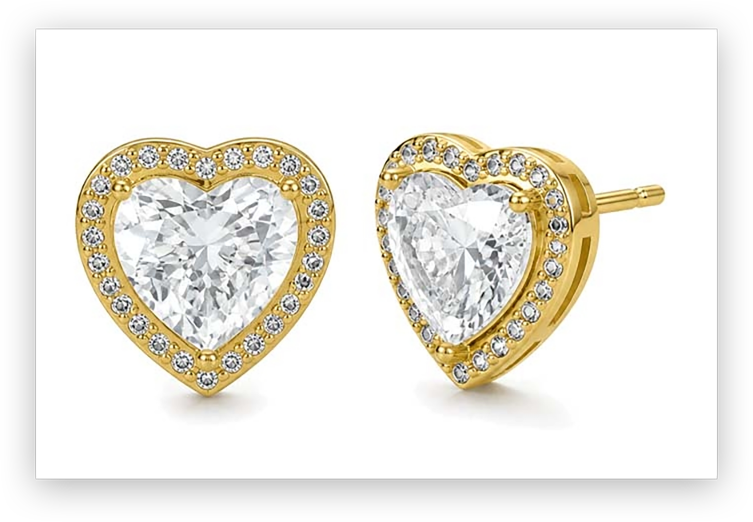 Gold heart shaped lab grown gemstone stud earrings with pave halos