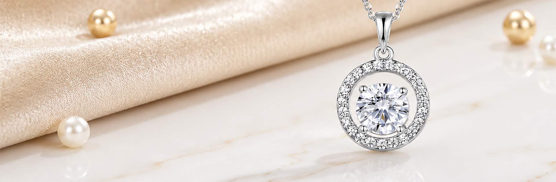 Round moissanite halo pendant on champagne silk with pearls