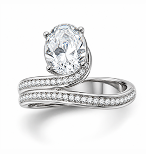 Oval moissanite flow ring with fluid pave shank