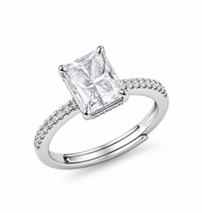 Radiant cut moissanite center stone ring with pave shoulders