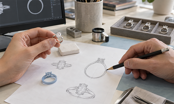 Hand sketch developing into a 3D CAD model for custom jewelry