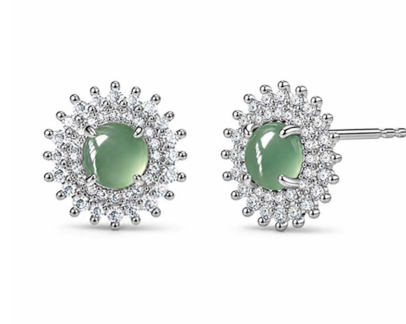 Green gemstone stud earrings with a halo of pavé stones and butterfly backs