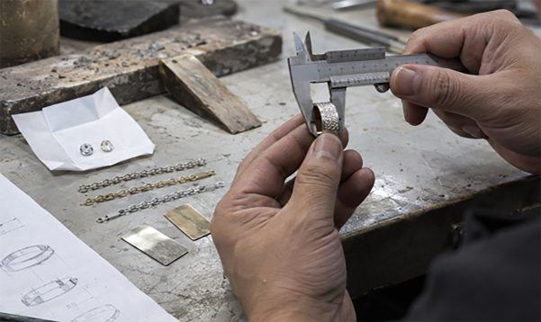 Jeweler measuring a component with a caliper at a workbench of metal samples