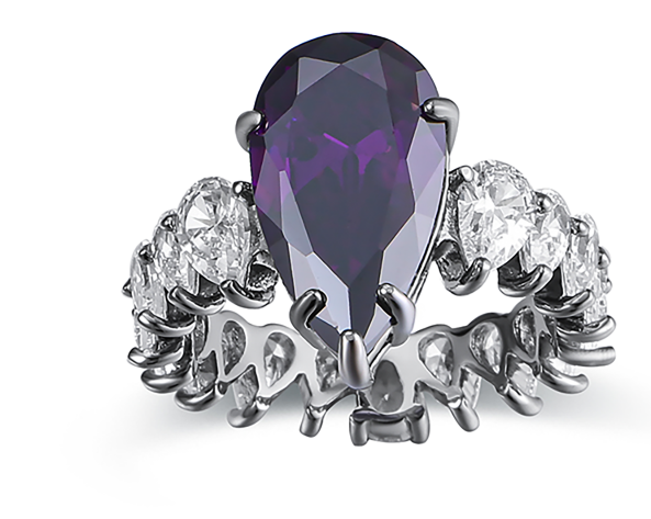 Statement ring with a large purple center stone surrounded by pavé-set accents