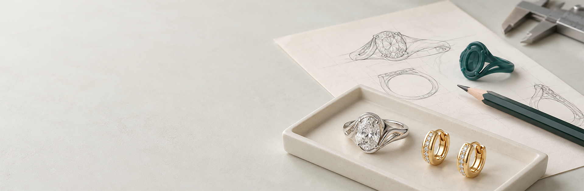 Jewelry design desk with hand sketches, a wax model ring, calipers and finished rings on a tray