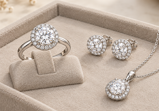 Silver diamond ring, earrings and pendant arranged in a gift box