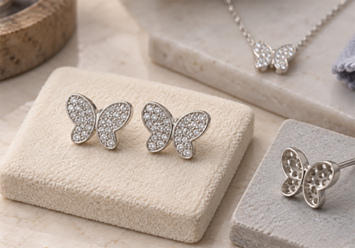Silver crystal butterfly stud earrings on a beige display block