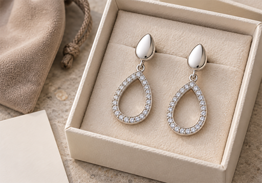 Gold and diamond teardrop drop earrings presented in a box